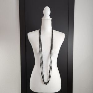 Long Flat Oblong Black 3 Strand Bead Necklace